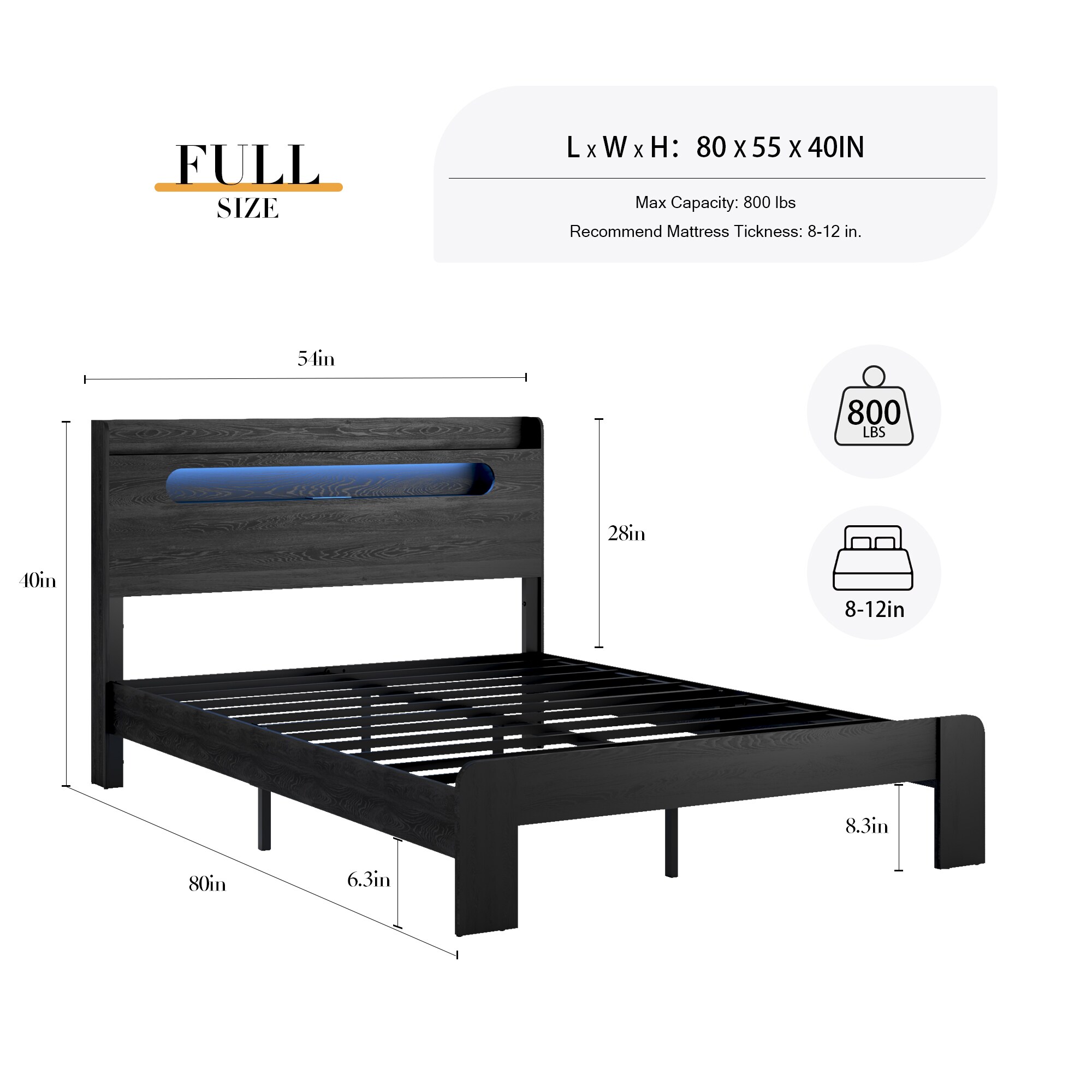 Bed Frame Full Size, Wood Platform Bed Frame With Storage LED Light Headboard And 2 USB , Noise Free,No Box Spring Needed And Easy Assembly Tool,Large Under Bed Storage,Black_voghion.com